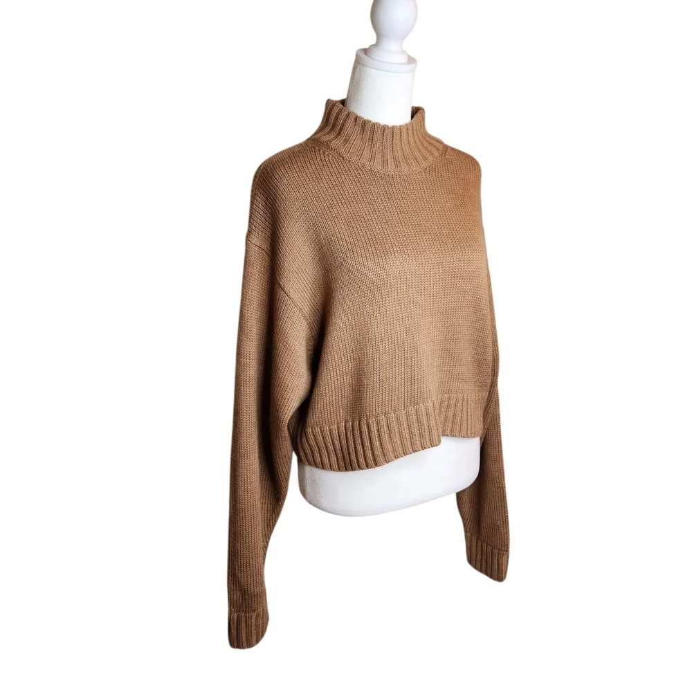 Wilfred Free Harper 100% Merino Wool Cropped Mockneck Sweater Tan Size Small